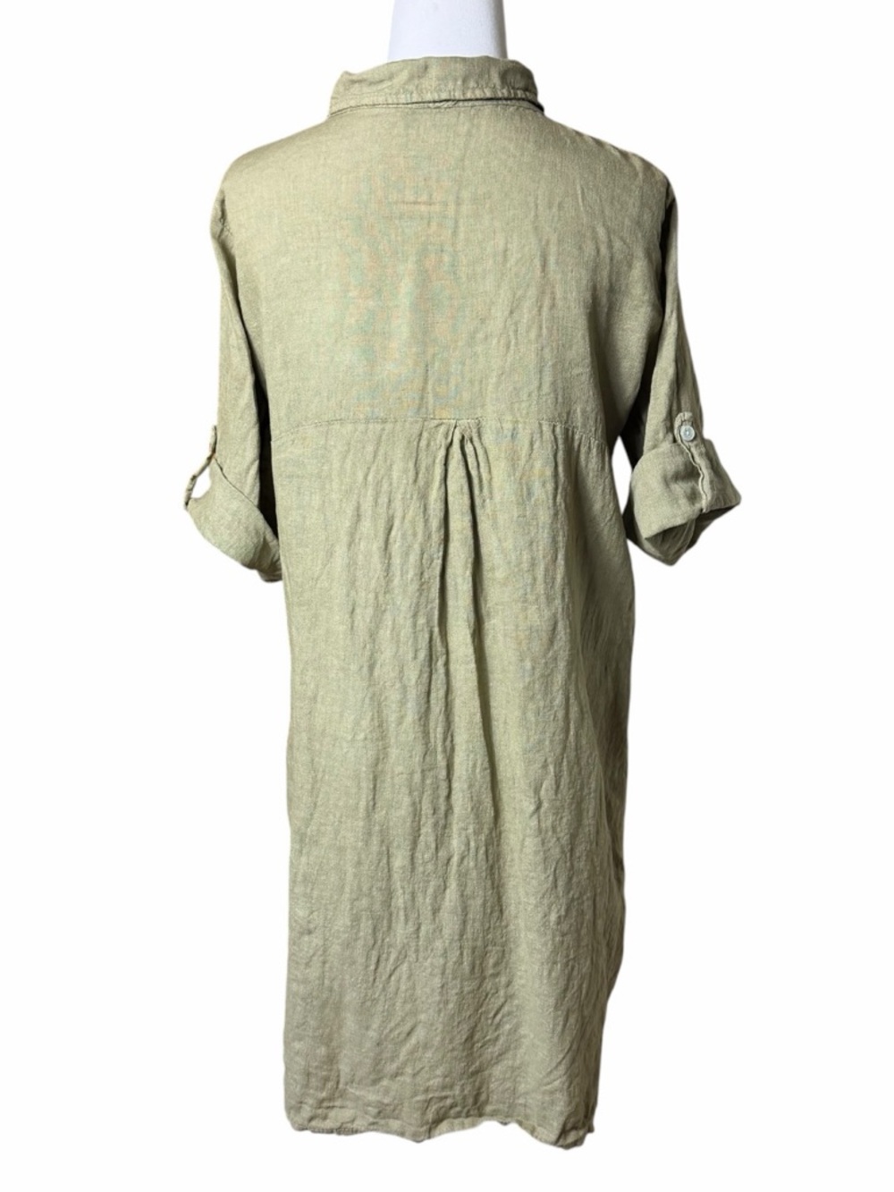 Elena Baldi Linen Dress Tunic Olive Green Roll Tab Sleeve Size Large - Picture 9 of 11